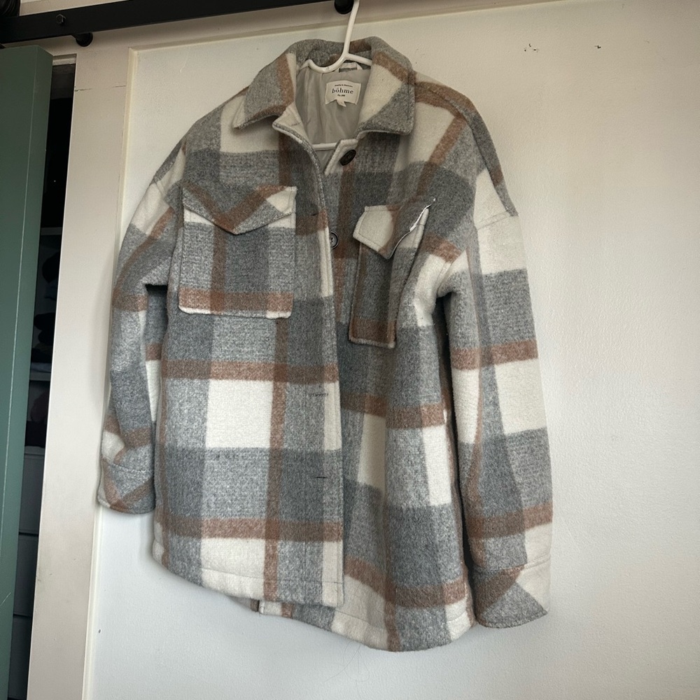 Bohme Gray and Brown Plaid Bomber Jacket